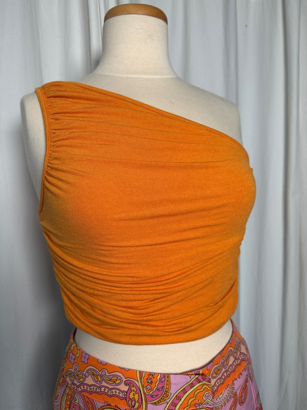 One-Shoulder Orange Ruched Crop Top